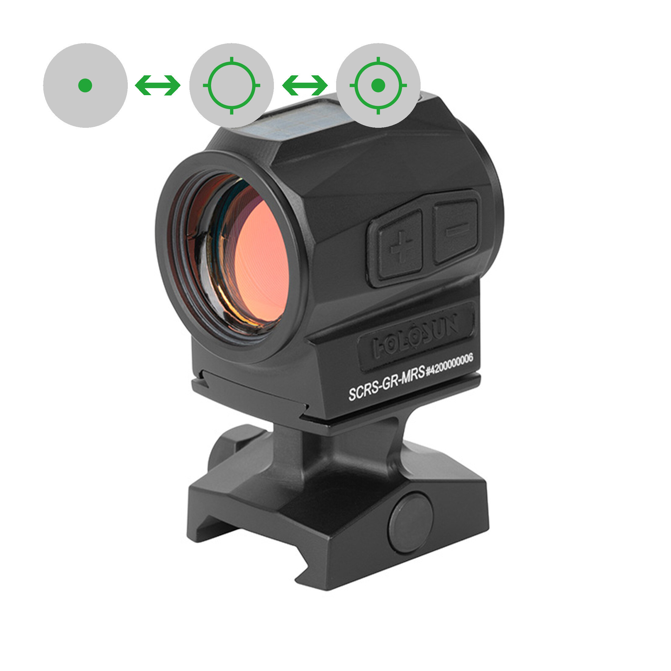 Holosun SCRS-GR-MRS green dot sight, switchable 2MOA dot, 65MOA circle dot reticle, solar cell, bla…